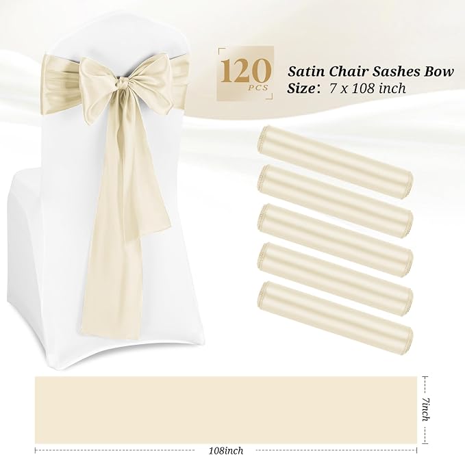 Pesonlook 120 PCS Ivory Satin Chair Sashes Bows Satin Chair Sashes Universal Chair Cover for Wedding Reception Restaurant Event Decoration Banquet,Party,Hotel Event Decorations (7 x 108 inch)