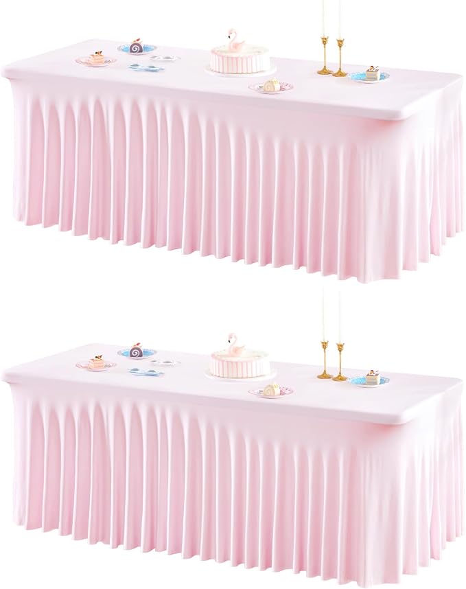 2 Packs Pink Table Clothes for 4 Foot Rectangle Tables, One-Piece Wrinkle Resistant Stretch Spandex Table Covers with Skirt for Event Banquet Wedding Birthday Party