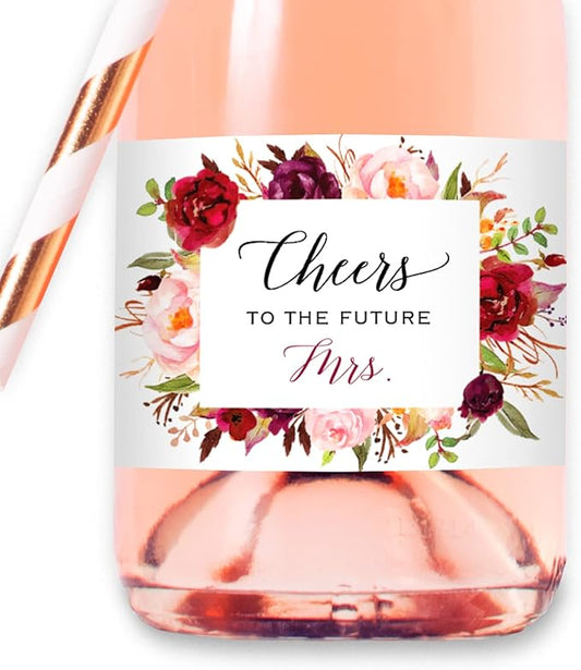 Cheers to the Future Mrs. - 12 Mini Champagne Bottle Labels, Waterproof Mini Wine Bottle Labels for Bridal Shower Bachelorette Party (Burgundy Floral, 12 Mini Bottle Labels)