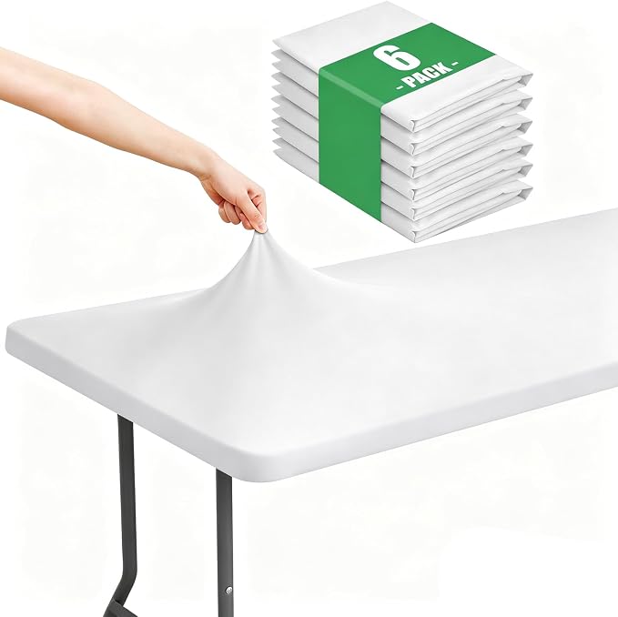 Moosfor Spandex Rectangle Table Cloth 6 Pack, Elastic Fitted Tablecloths for Picnic, Stretch Washable Patio Table Cover for Outdoor, Camping, Banquet and Parties (White, 24"x48")