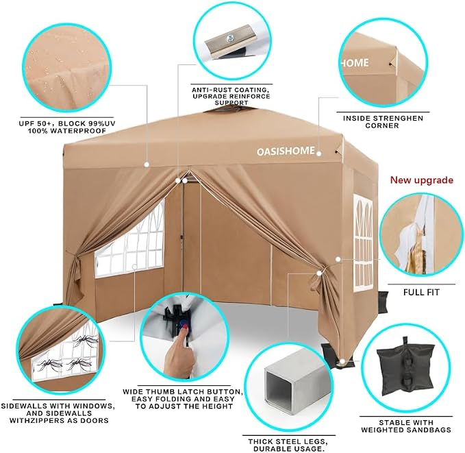OASISHOME Pop-up Gazebo Instant Portable Canopy Tent 10'x10', with 4 Sidewalls, Windows, Wheeled Bag, for Patio/Outdoor/Wedding Parties and Events (10FTx10FT, Khaki)