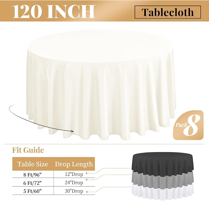 fani 8 Packs Ivory Round Tablecloth - 120 Inch, Premium Polyester Table Cloth for Round Tables, Washable Fabric Table Covers for Wedding, Party, Banquet, Dining Tables and Camping