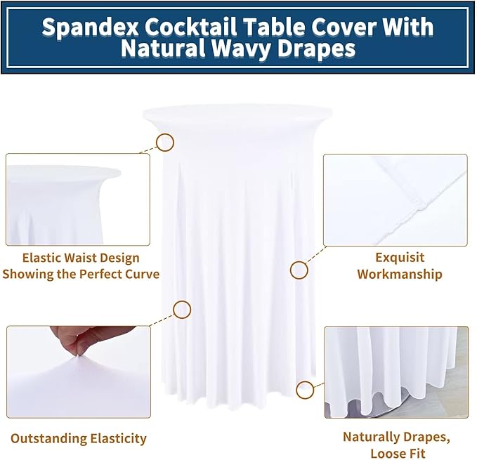 6 Packs Round Cocktail Table Skirt 24"x 43" Spandex Stretch Cocktail Tablecloth with Wavy Drapes, White Spandex Fitted High Top Table Covers for Wedding Bar Party Birthday Banquet Tables
