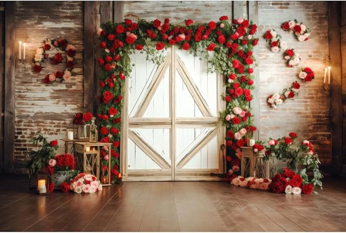 8x6ft Red Rose Brick Wall Wood Door Backdrop for Wedding Bridal Shower Party Decorations Mother’s Day Valentine's Day Engagement Backdrops Portrait Photo Booth Props