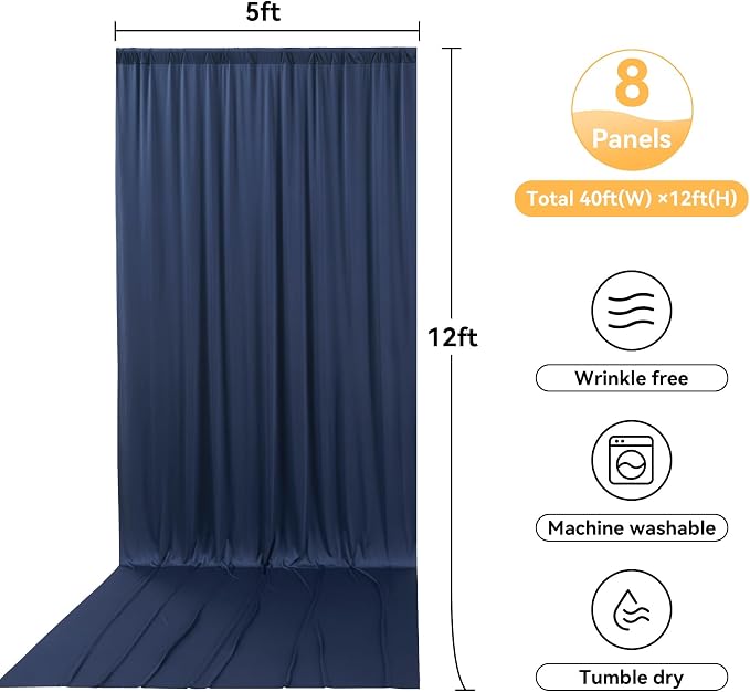 40ftx12ft Navy Blue Backdrop Curtains for Parties, Wrinkle Free 8 Panels 12 ft Long Photo Backdrop Drapes Back Drop Cloth for Wedding Birthday Photography Background Party Decor