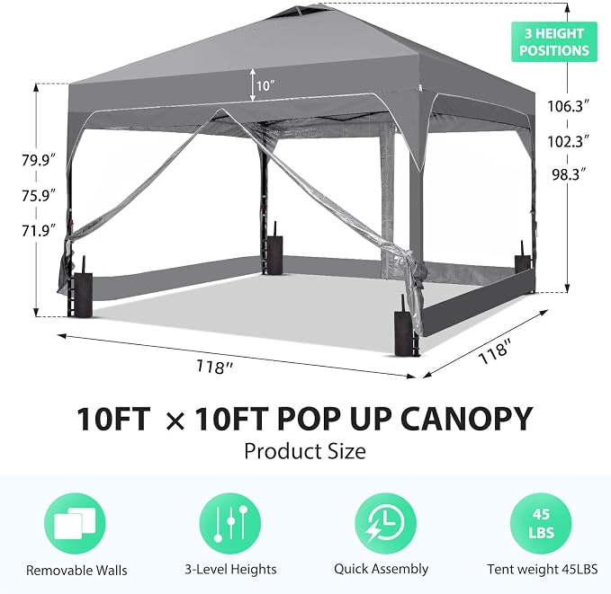 10x10FT Canopy Tent, 1-Button Push Instant Pop Up Canopy with 4 Sandbags, Easy Setup Outdoor Gazebo Shelter (Grey, 10x10 with PVC Sidewalls)