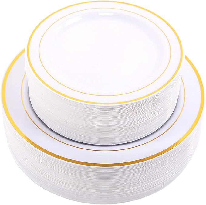 WDF 60PCS White Gold Plates Disposable - Gold Plastic Plates, Including 30-10.25inch Gold Dinner and 30-7.5inch Salad/Dessert for Baby Shower Wedding Spring