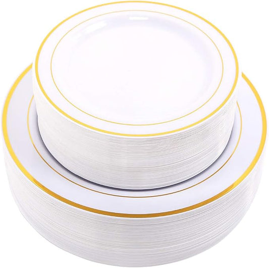 WDF 60PCS White Gold Plates Disposable - Gold Plastic Plates, Including 30-10.25inch Gold Dinner and 30-7.5inch Salad/Dessert for Baby Shower Wedding Spring