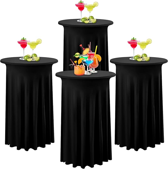 Black Spandex 4 Pack Cocktail Table Cloths, Wrinkle Free Stretch Covers with Skirt - 3243 Inch High Top Round Tablecloths for Banquet, Wedding, Birthday, Bar