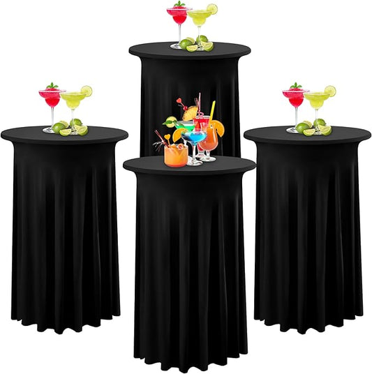 Black Spandex 4 Pack Cocktail Table Cloths, Wrinkle Free Stretch Covers with Skirt - 3243 Inch High Top Round Tablecloths for Banquet, Wedding, Birthday, Bar