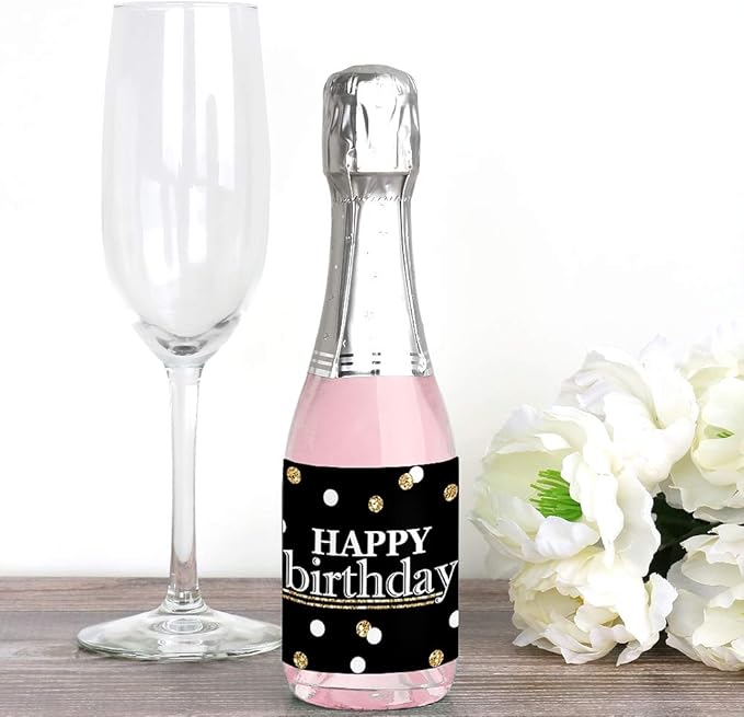Big Dot of Happiness Adult Happy Birthday - Gold - Mini Wine and Champagne Bottle Label Stickers - Birthday Party Favor Gift for Women and Men - Set of 16