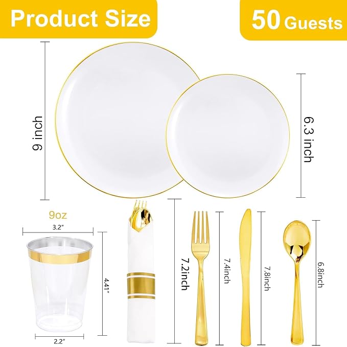 KIRE 350 PCS White and Gold Plates Disposable - Elegant Dinnerware Set of 50 Guest, White Plastic Plates With Gold Rim, Pre Rolled Napkins with Silverware & Cups for Party/Wedding