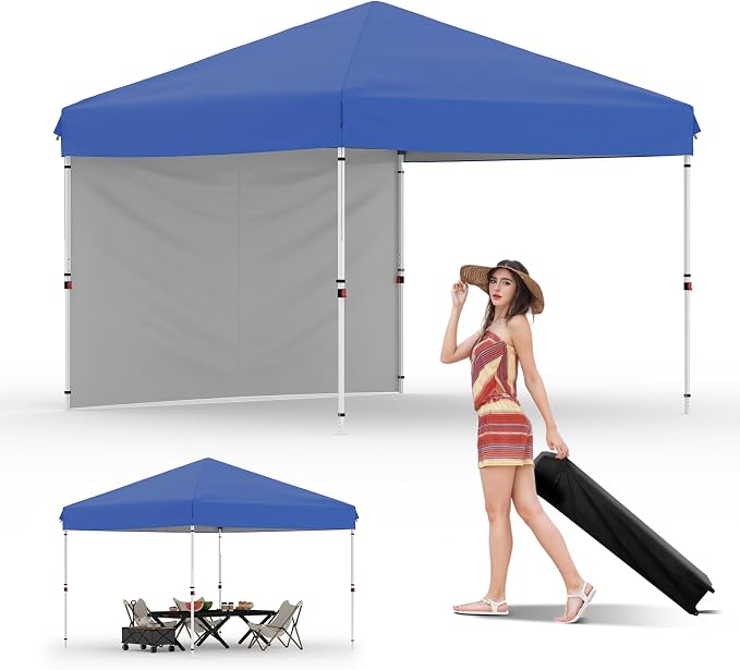 GarveeLife 10x10 Pop Up Canopy with One Sidewalls Easy Up Camping Tent with One Button Push Setup 1 Roller Bag 3 Adjustable Height 4 Weight Bags (Blue, 10x10 + 1 Sidewall)