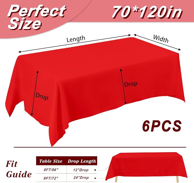 Fixwal 6 Pack Red 70 x 120 Inch Rectangle Tablecloths, Reusable Heavy Duty Washable Polyester Table Covers, Stain and Wrinkle Resistant for 6-8 Ft Tables, Party, Christmas, Anniversary