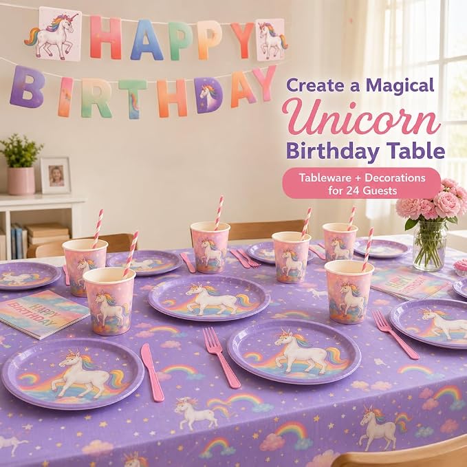 Unicorn Birthday Party Supplies, 146 PCS Rainbow Party Decorations Tableware Kit Serves 24 Guests with Plates, Cups, Napkins, Banner, Cutlery, Tablecloth & Straws for Kids Girls Boys