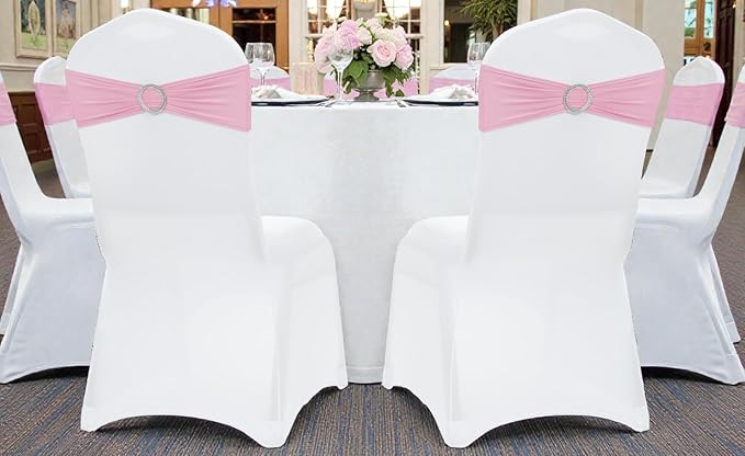 MDS Pack of 50 Spandex Chair Sashes Bow Premium Stretch Chair Cover Band with Buckle Slider Universal fits Elastic Dining Chair Ties for Wedding Party Banquet Events Decoration - Pink