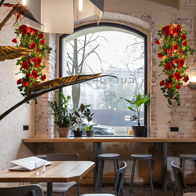 RECUTMS Artificial Red Rose Hanging Flowers Plants, 4PCS 37 Inches Draping Fake Ivy Garland with 30 LED Fairy String Lights for Home Garden Wedding Valentines Day Indoor Outdoor Greenery Decorations
