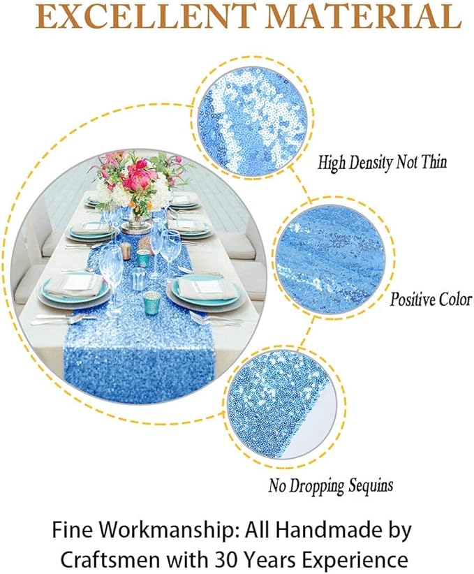 ShinyBeauty Sequin Table Runners Baby Blue 12x108 Inch 10PCS Sparkle Fabric Table Cover Runner 108" Long Birthday Party Supplies Glitter Decorative Table Linens for Wedding Banquet Baby Shower
