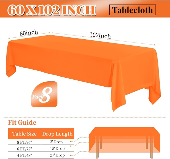 8 Packs Orange Rectangle Tablecloth - 60 x 102 Inch, Premium Polyester Table Cloth for 6 Foot Rectangle Tables, Washable Fabric Table Covers for Wedding, Party, Banquet, Dining