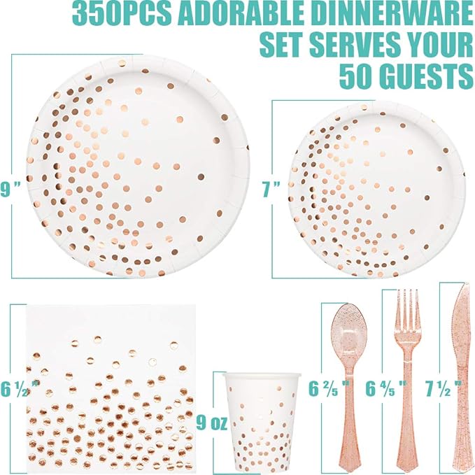 White & Rose Gold Party Supplies - 350 PCS Disposable Dinnerware Set with Paper Plates Napkins Cups, Plastic Forks Knives Spoon for Women Girls Birthday Graduation Bridal Shower Engagement Wedding