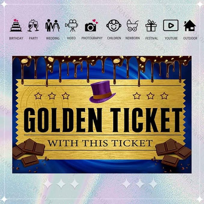 Chocolate Factory Golden Ticket Backdrop, Blue Drip Mini Top Hat Background, Kids Birthday Party Newborn Decoration Photo Booth TAY1902