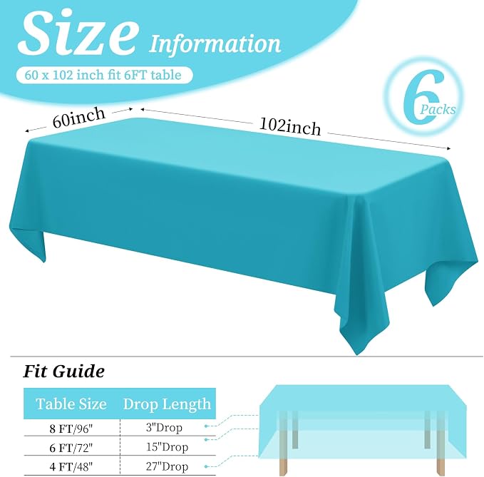 YMHPRIDE 6 Pack Teal Tablecloth 60 x102 inch Polyester Table Cloth for 6 Foot Rectangle Tables, Stain and Wrinkle Resistant Washable Fabric Polyester Table Covers for Wedding Party Banquet