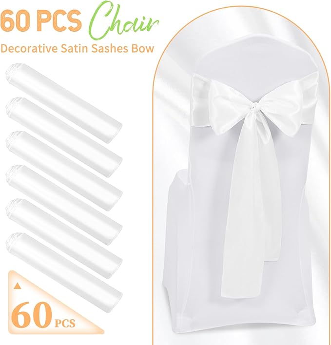 60 PCS White Satin Chair Sashes, Ties Bows Designed Chairs Decorative, Chair Cover Sashes for Thanksgiving Wedding Christmas Banquet Party Home Kitchen Decoration (7 x 108 inch)