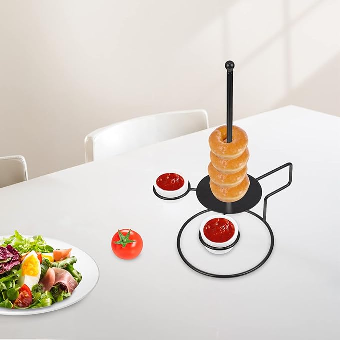 Luxshiny Stainless Steel Donut Stand with Sauce Bowl Metal Display Rack for Party Dessert Table Onion Ring Holder Kids Holiday Festival Snack Organizer 13.77X8.26X7.08 Inches