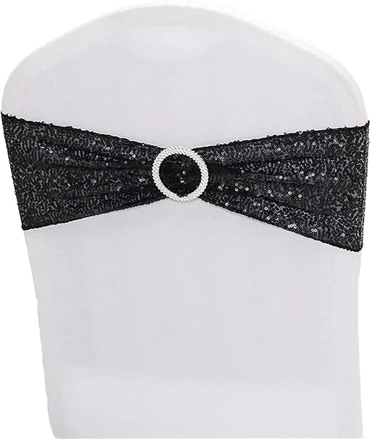 NC Sequin Chair Sashes Spandex, Pack of 20 Sequin Stretch with Buckle Chair Bands for Wedding Banquet Birthday Graduation Party Anniversary Prom Celebration Chair Decorations (Black, 20pcs)