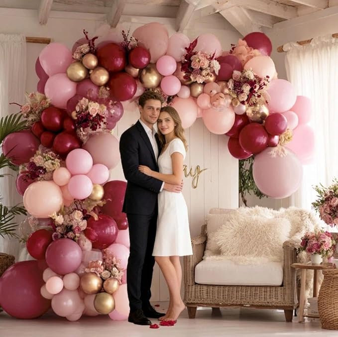 Burgundy Pink Balloon Garland Double Stuffed Pastel Light Pink Gold Mauve Balloons Maroon Lavender Latex Plum Balloon Arch Kit for Birthday Galentine Wedding Baby Shower Decoration