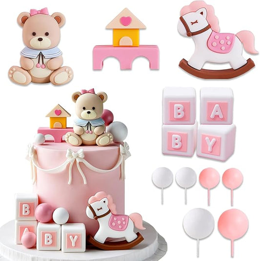 Pink-Themed Bear Birthday Cake Decoration Set – 13 Pieces Including Sitting Bear, Pink Castle, Rocking Horse, Alphabet Blocks, Foam Balls & "We Can Bearly Wait" Cake Topper for Bear-Themed Parties