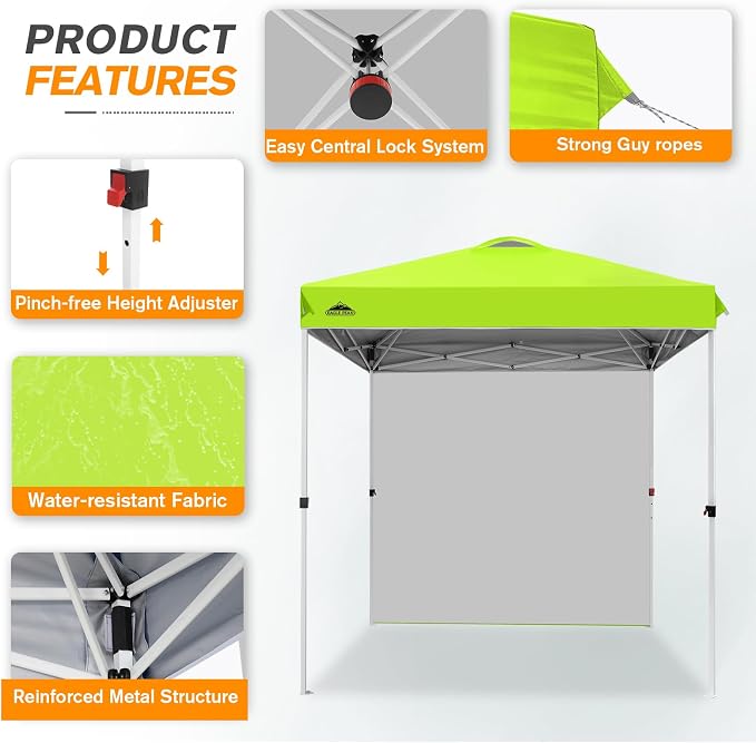 EAGLE PEAK Commercial Canopy 6.6x6.6 Pop Up Canopy Tent with 1 Sidewall, Easy Setup Heavy Duty Instant Event Shelter for Vendors & Markets, Outdoor Sun Shade, Neon Green