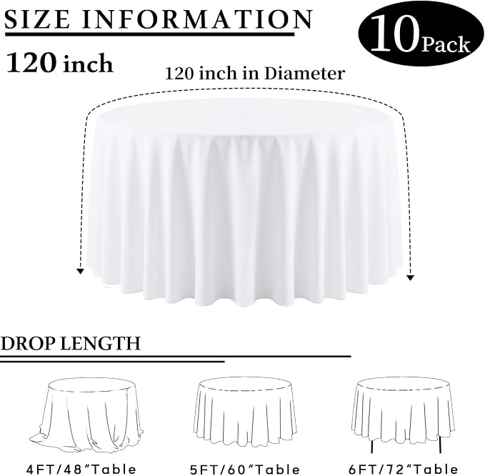 10 Packs 120 Inch White Round Tablecloth in Diameter, Washable Polyester Fabric Tablecloths, Wrinkle Resistant Table Cloth for Wedding Party Banquet Dining