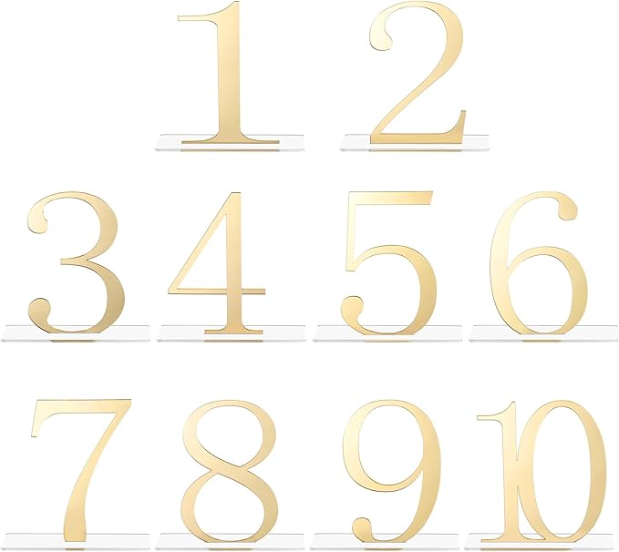 SiliFine 10 Pcs Wedding Table Numbers 1-10 Signs Acrylic Mirror Table Numbers with Protective Film for Wedding Reception Party Birthday Anniversary Event Decorations(Gold)