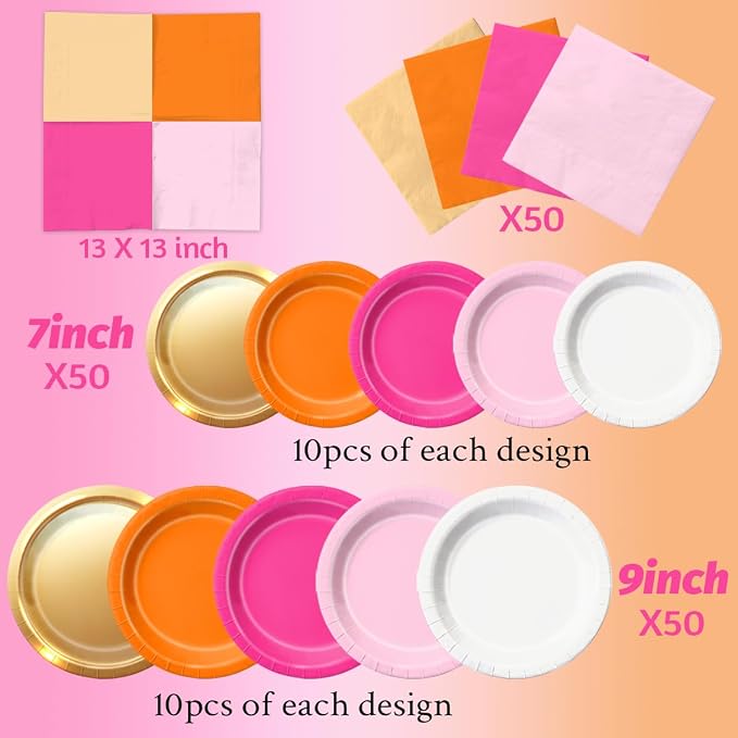 CMUSKO Pink and Orange Party Decorations - 150Pcs Sunset Tropical Plates and Napkins Pink Pumpkin Halloween Tableware Serves 50 for Birthday,Baby Shower, Bachelorette Party