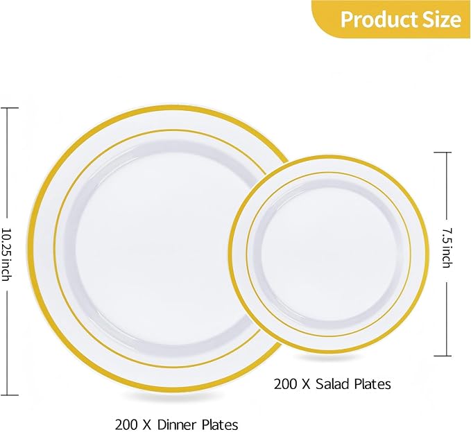 Goodluck 400 Piece White and Gold Plastic Plates Set - 200 Dinner Plates & 200 Salad Dessert Plates, Heavy Duty Disposable Gold Trimmed Plates for Wedding, Party, Elegant Fancy Plastic Plates Bulk