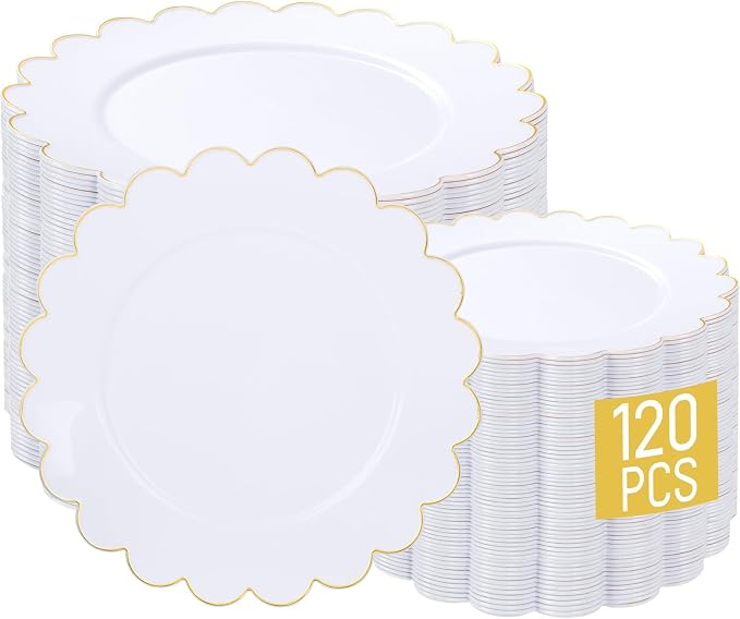LIYH 120 Pcs White Plastic Scalloped Plates - Gold Fancy Disposable Plastic Plates Includes 60 Dinner 10.25" & 60 Dessert Plate 7.5" Elegant Gold Rim for Party Birthday Day