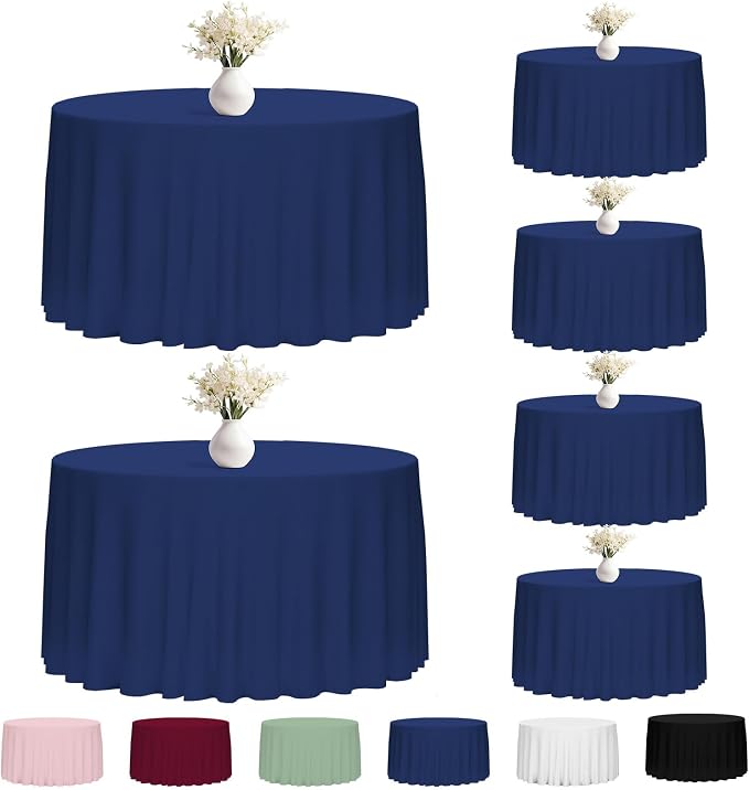Fixwal 120 Inch Navy Blue Round Tablecloth, 6 Pack Round Table Cloth Polyester Fabric Washable Table Covers for Wedding, Party, Banquet, Dining, Birthday Events