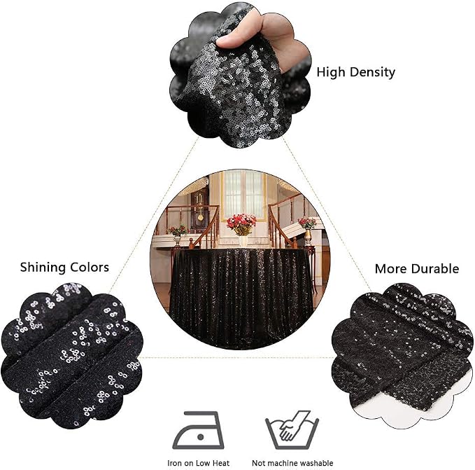 Juya Delight 120-Inch Round Black Sequin Tablecloth for Wedding Birthday Party Festival Ceremony Dessert Table