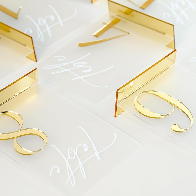 Acrylic Wedding Table Numbers 1-10 with Stands, 5"x7" Frosted Acrylic Place Cards with 3D Gold Mirror Numbers, Frosted and Gold 3D Table Numbers for Wedding Reception, Anniversary, Event