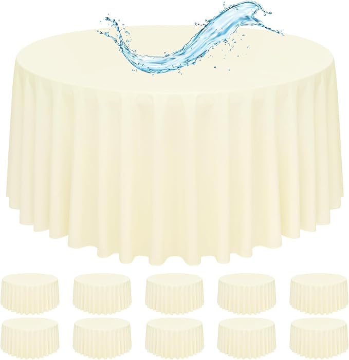 10 Pack Beige Round Tablecloth 120 Inch, Waterproof Polyester Table Cloth for Round Tables Beige Tablecloths Stain and Wrinkle Resistant Washable Fabric Table Cover for Party Dining Wedding Banquet