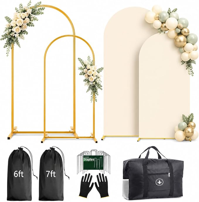Arch Backdrop Stand and Cover Set (7.2ft,6ft) Birthday Party Wedding Ceremony Bridal Baby Shower Event Decor Gender Reveal (Beige, 7.2Ft+6Ft)