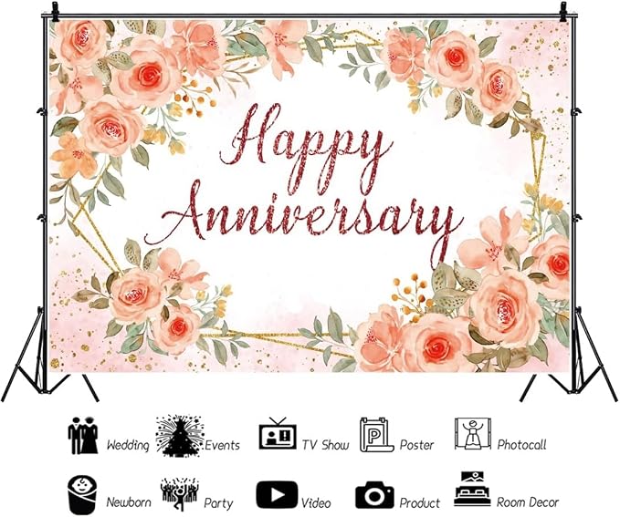Leyiyi 8x6ft Happy Anniversary Backdrop Watercolor Pink Floral Rose Green Leaves Gold Dots Glitter Photography Background Cheers to Wedding Anniversary Bridal Shower Party Decorations Photo Props