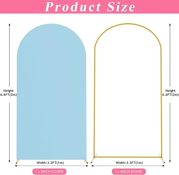 Putros Arch Backdrop Stand and Cover Set, 6.6ft, Gold Arch Stand with Dusty Blue Cover, Metal Arched Background Frame for Wedding, Birthday Party, Baby Shower, Photography Decoration
