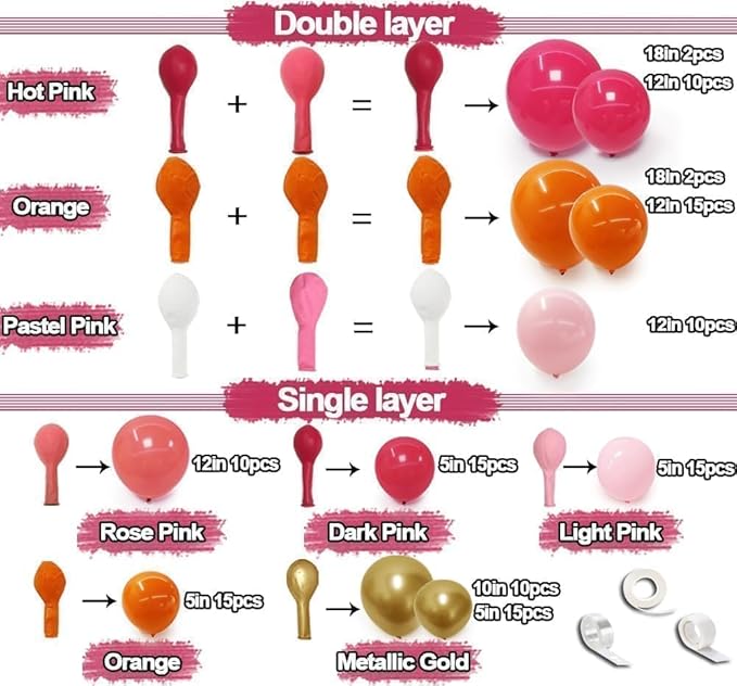 Pink Orange Balloon Garland Double Stuffed Hot Pink Orange Gold Metallic Pastel Balloon Arch Kit for Birthday Baby Bridal Shower Wedding Mother's Day Tropical Party Decorations