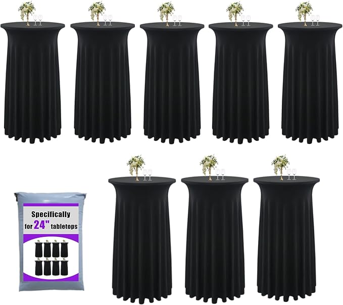 8-Pack 24"x43" Black Round Cocktail Table Skirts | Stretch Spandex Fitted Tablecloths | Stain-Resistant, Wrinkle-Resistant, and Machine Washable for Bars, Weddings, Parties, and Banquets