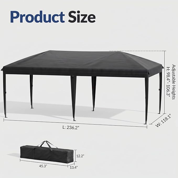 10x20 Pop Up Canopy Without Sidewalls, Instant Tent with Carry Bag, Sandbags, Height Adjustable Waterproof Outdoor Canopy, Outdoor Canopy for Events, Camping, Parties (Black)
