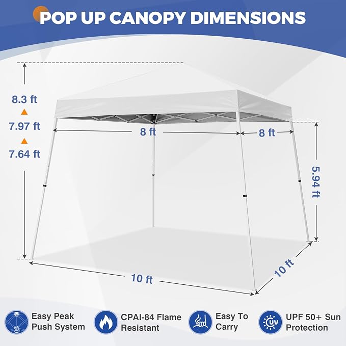 COOS BAY 10x10 Pop Up Canopy Tent, Portable Outdoor Shelter with Carry Bag for Tailgate, Party, Beach, Picnic, and Camping, 10x10 Base 8x8 Top, White
