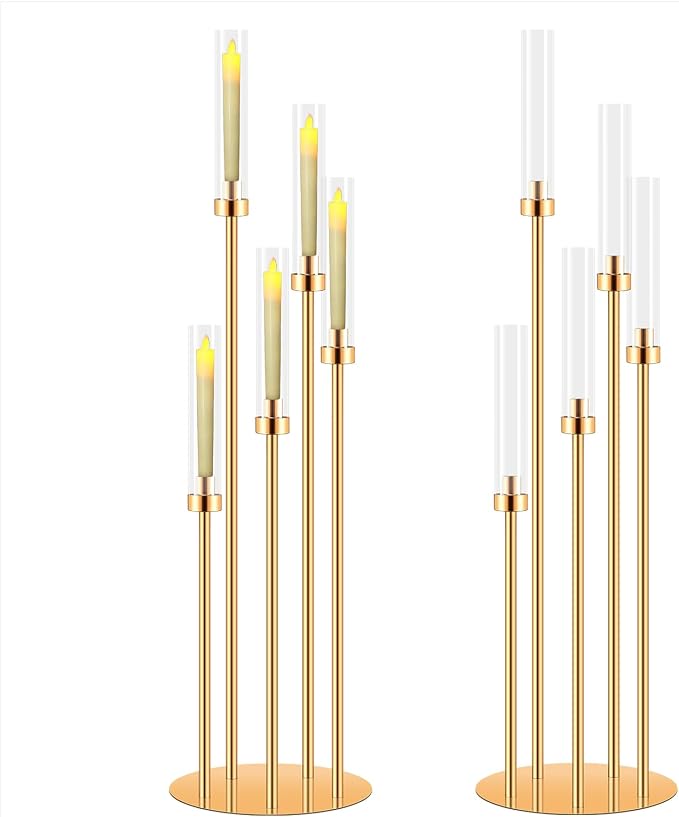 2 Sets Candelabra Centerpieces for Tables,42'' Tall 5 Arms Candlesticks Holder with Lampshade,Wedding Centerpieces,Gold Candle Holders for Wedding,Home Decoration Housewarming Gift,Fit LED Candles