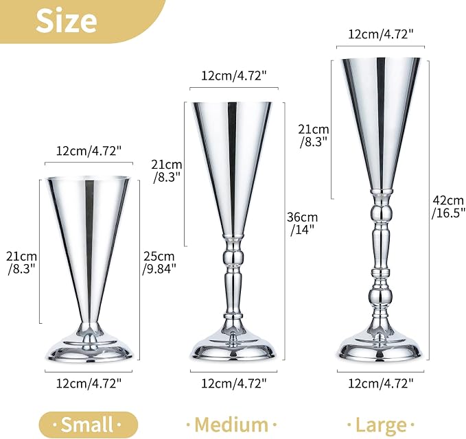 10 Pcs Tabletop Metal Wedding Flower Trumpet Vase, 9.8 inch Table Decorative Centerpiece Artificial Flower Arrangements for Anniversary Ceremony Party Birthday Event Aisle Home Decoration, Silver